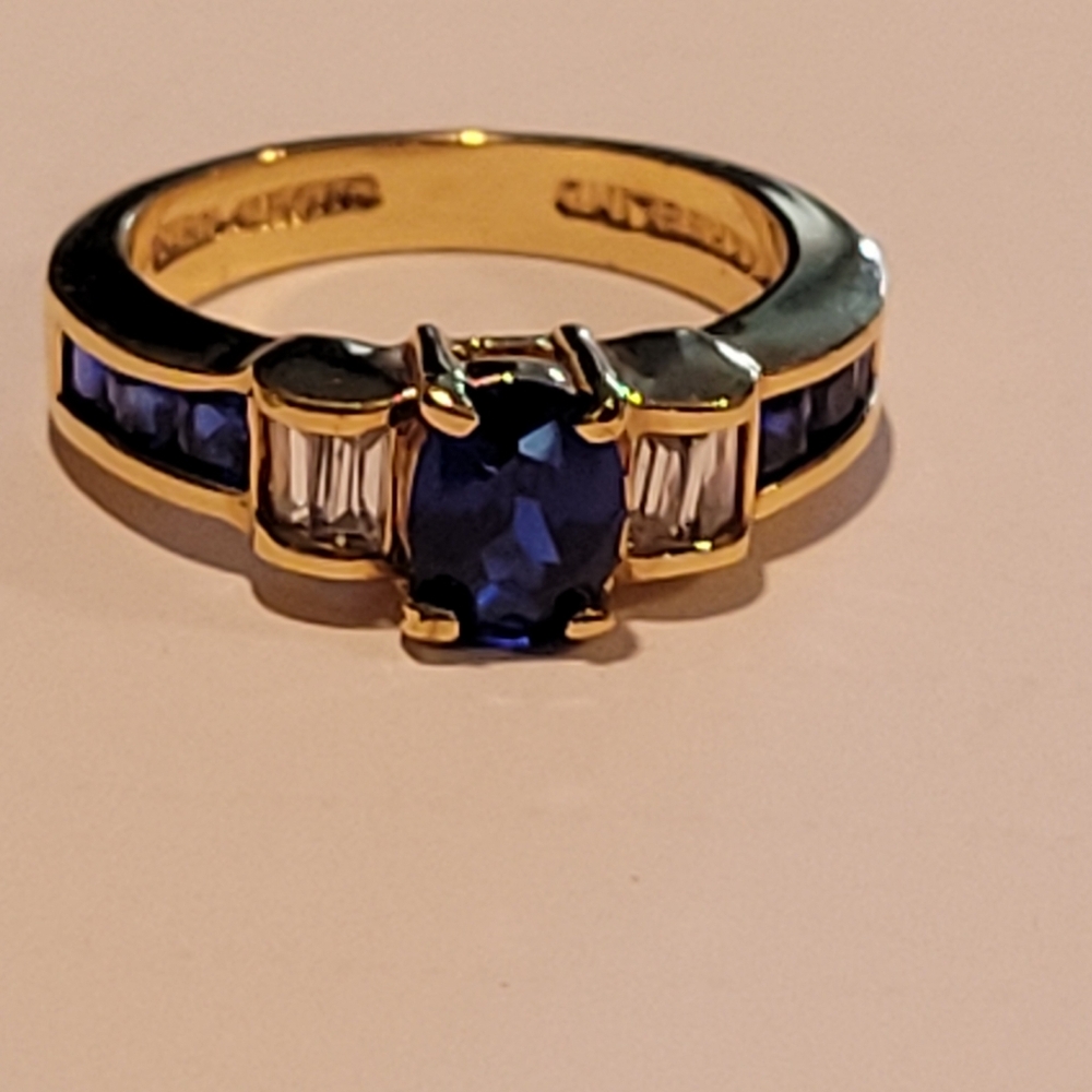 Gold Over 925 Sterling Silver and Blue Qubic Zirconia Ring, size 9